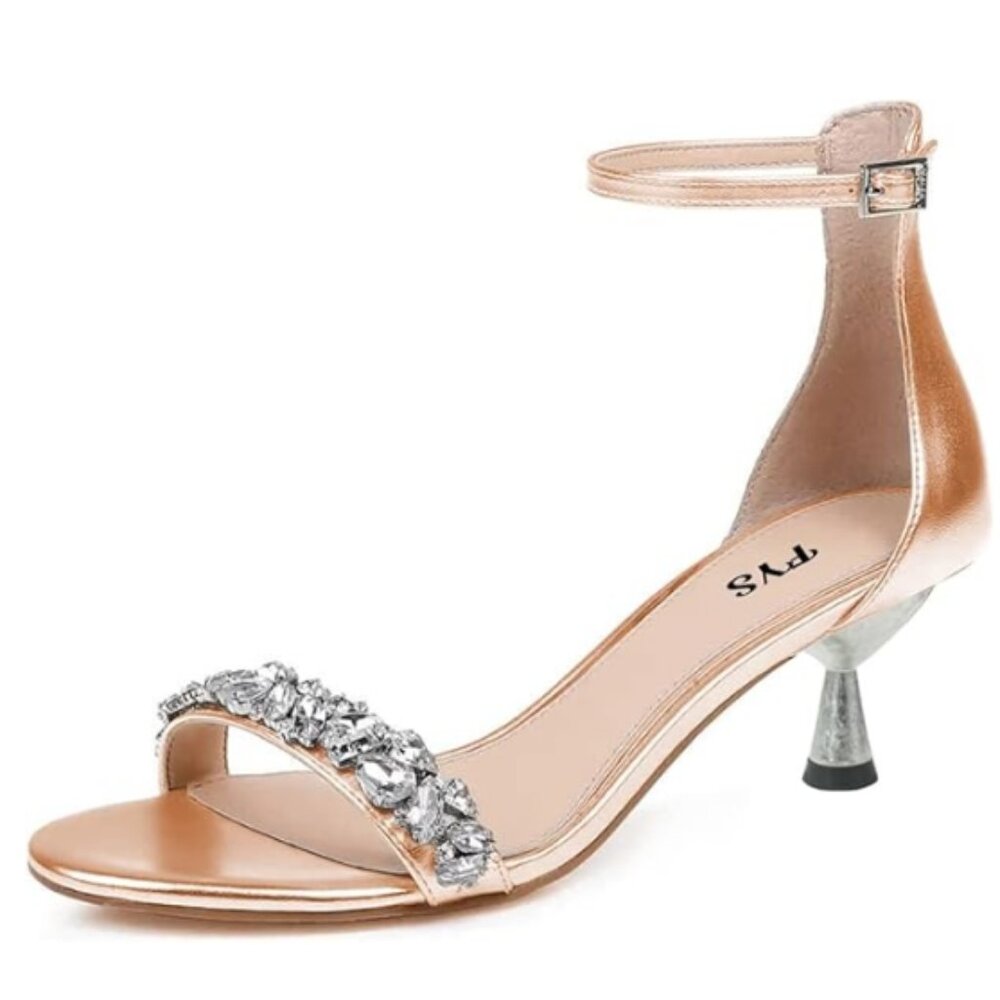 FYS Women Open Toe Ankle Strap Sandals Rhinestone Strappy Mid Kitten Heels Gold